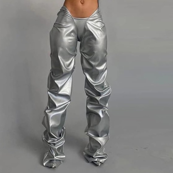pants metallic silver outfit festival rave burner club party ruched leggings - Picture 2 of 5